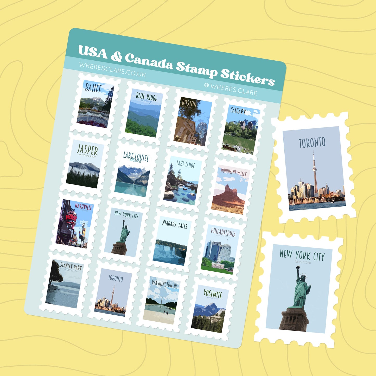 USA and Canada Stamp Sticker Sheet