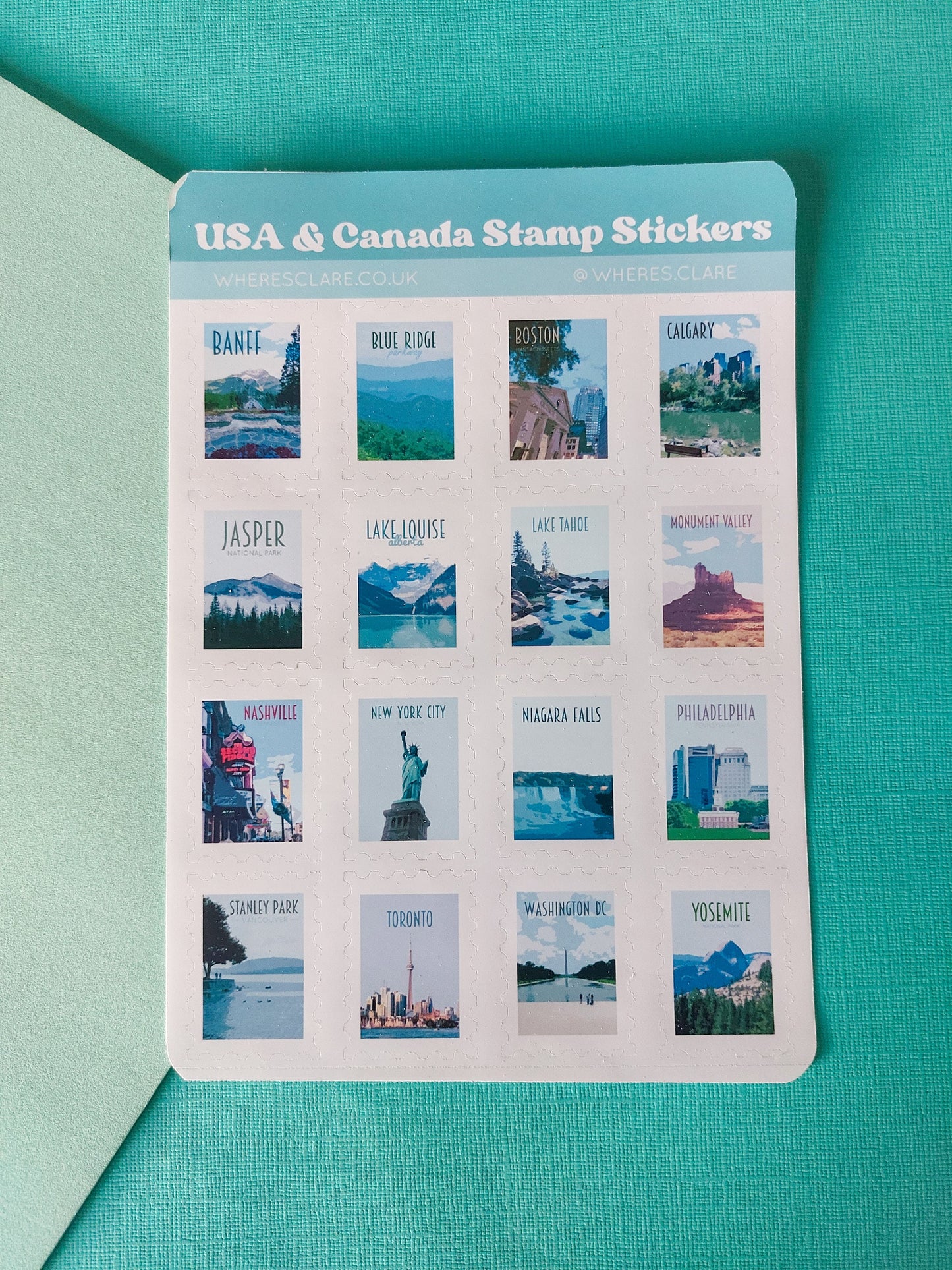 USA and Canada Stamp Sticker Sheet