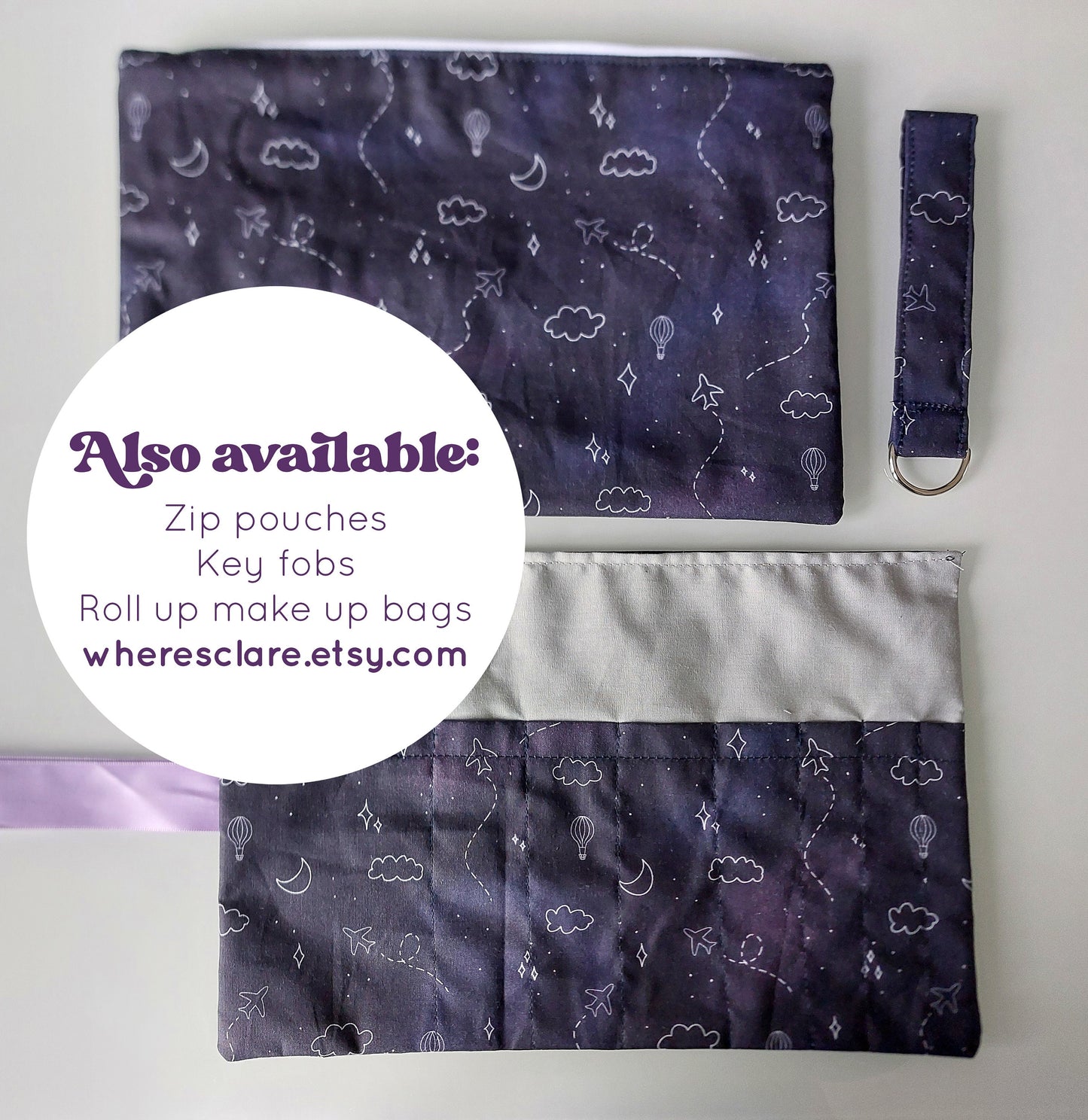 Fabric Roll-Up Make Up Bag - Purple