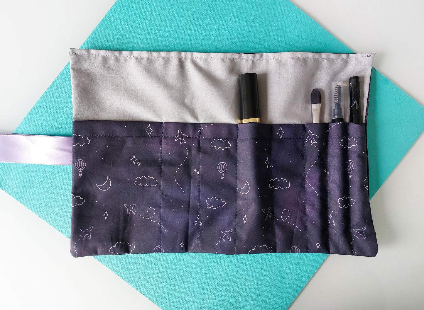 Fabric Roll-Up Make Up Bag - Purple