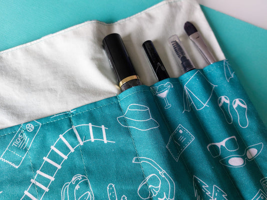 Fabric Roll-Up Make Up Bag - Teal