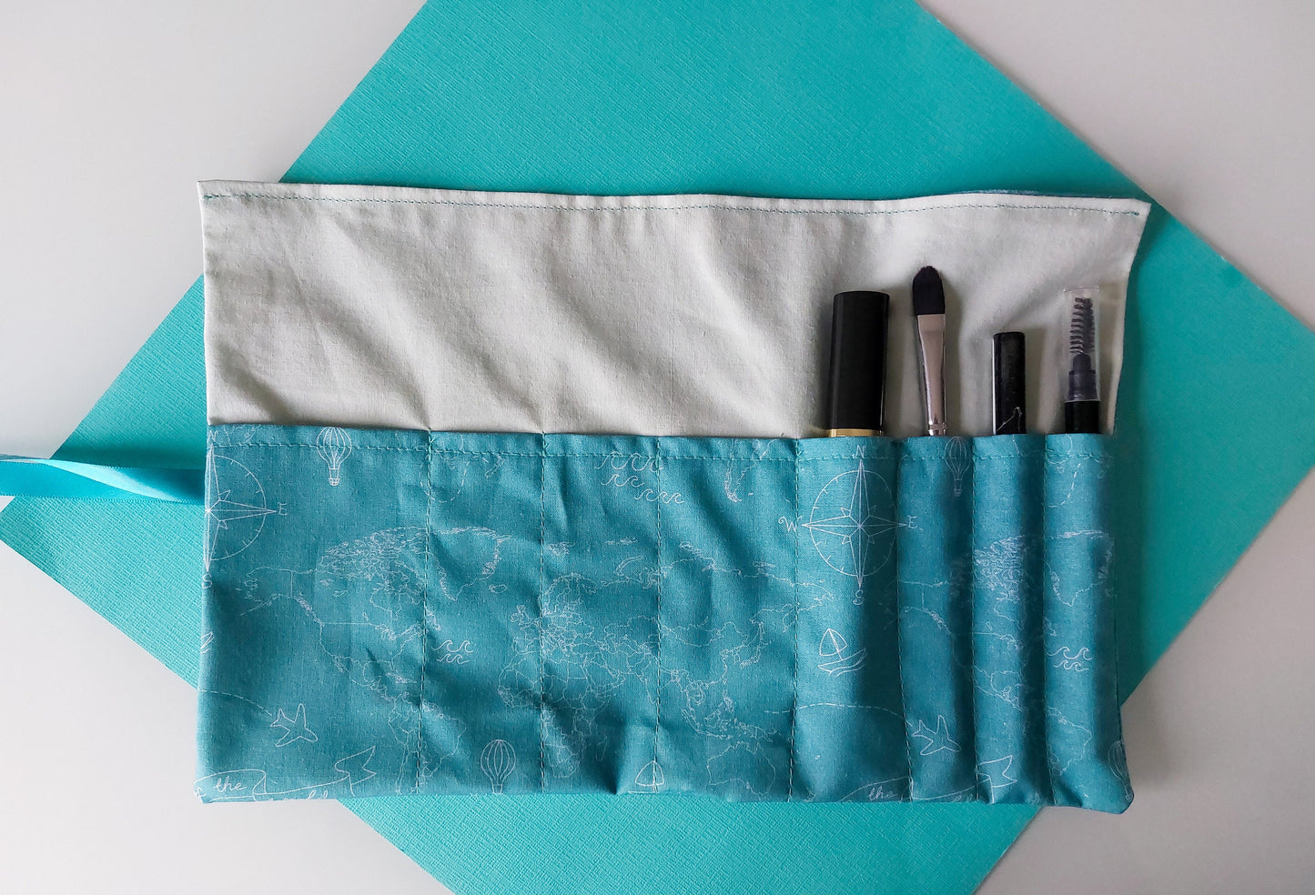 Fabric Roll-Up Make Up Bag - Map Print