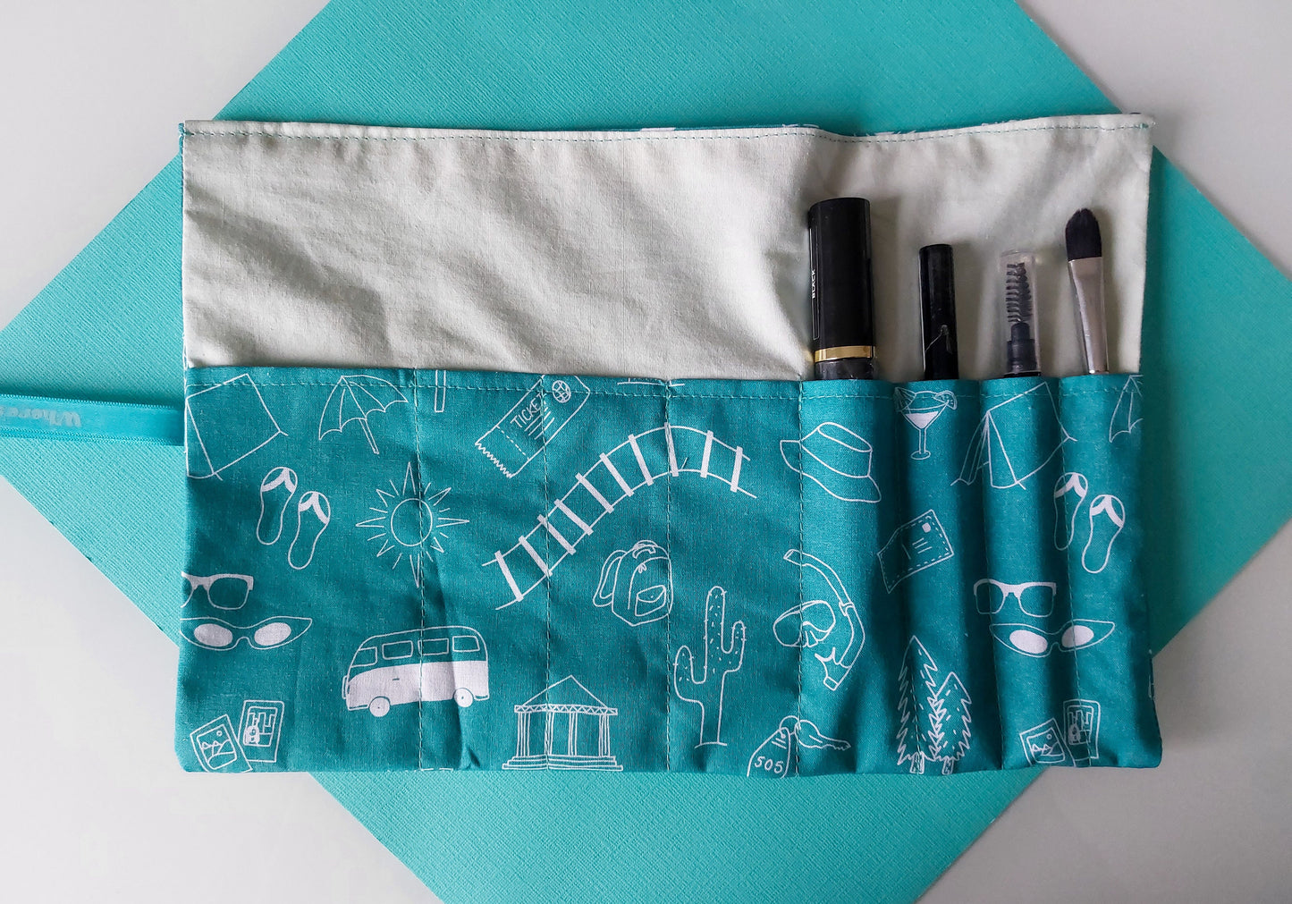 Fabric Roll-Up Make Up Bag - Teal