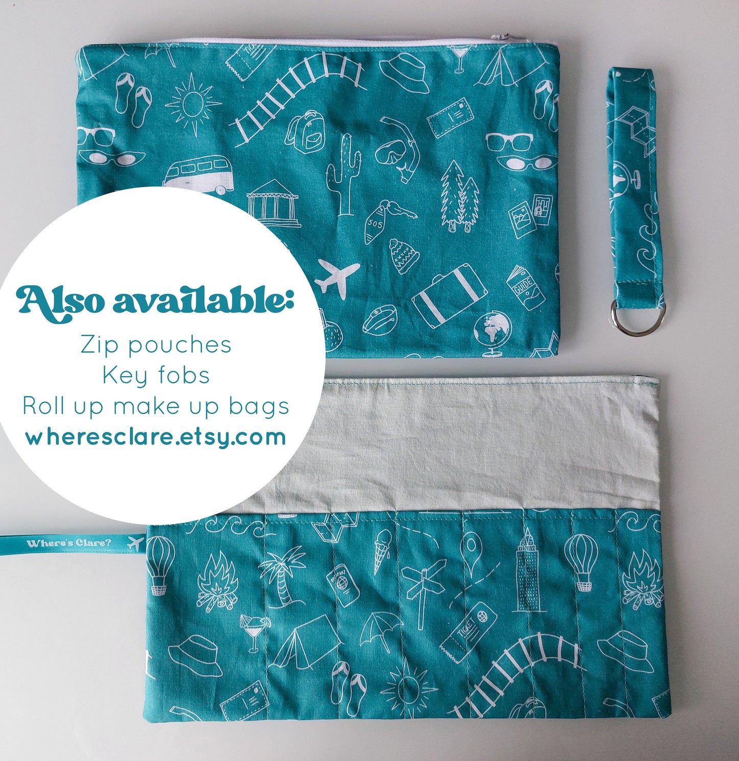 Fabric Roll-Up Make Up Bag - Teal