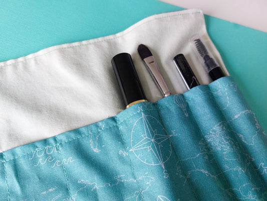 Fabric Roll-Up Make Up Bag - Map Print