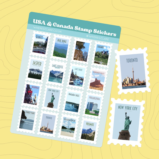 USA and Canada Stamp Sticker Sheet